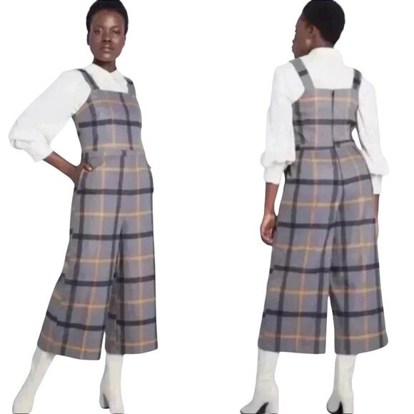 ModCloth Plaid Sleeveless Cropped Leg Jumpsuit Gray, Navy, Yellow Size XS - Picture 1 of 8